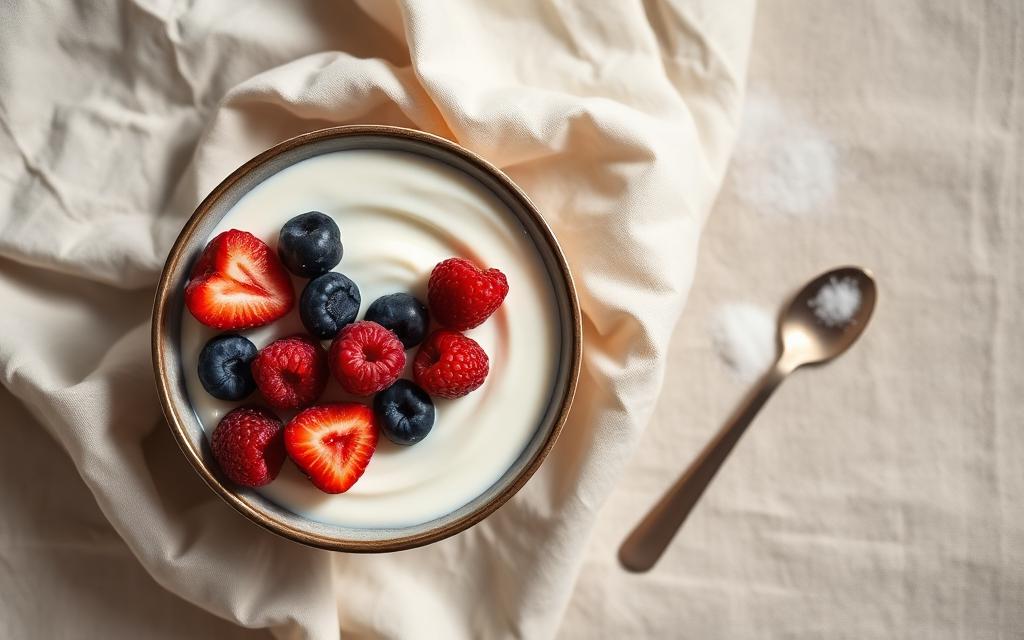 A bowl of plain yogurt with fresh berries beside a spoonful of sugar