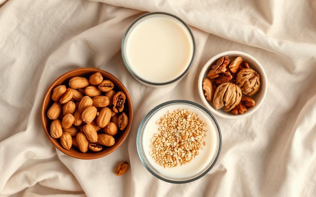Bowls of peanuts, walnuts and sesame seeds beside a glass of milk