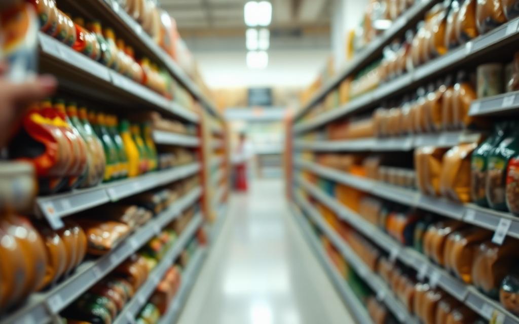 A softly blurred grocery aisle lined with packaged foods