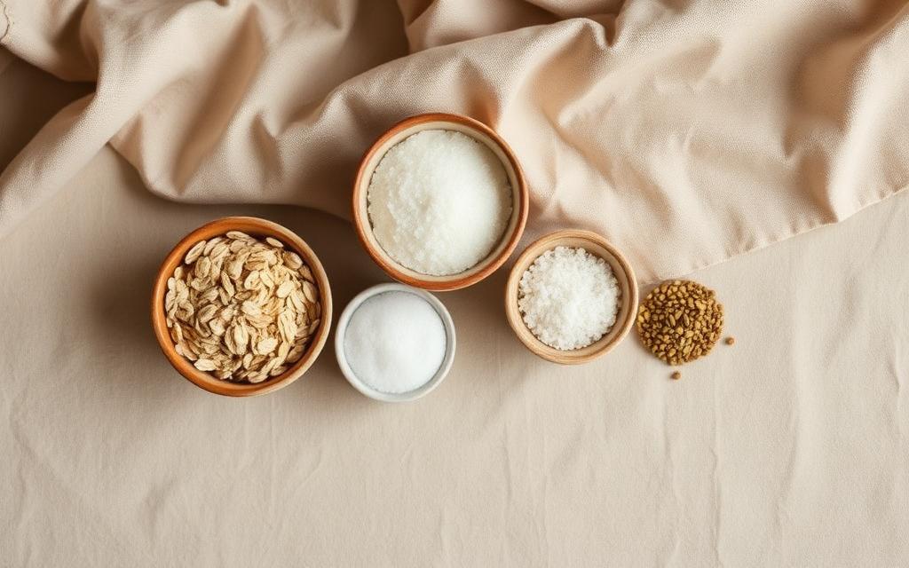 Small bowls of oats, sugar, salt and seeds arranged from largest to smallest