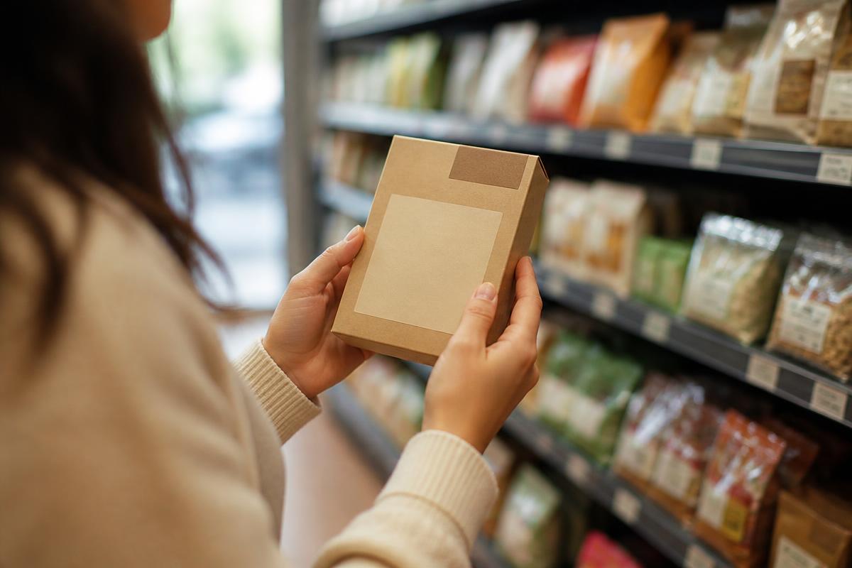 Hands turning a plain paperboard food box over in a sunlit kitchen