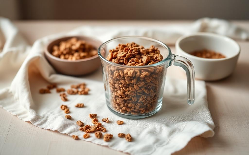 A glass measuring cup of granola beside small ceramic bowls on a linen cloth