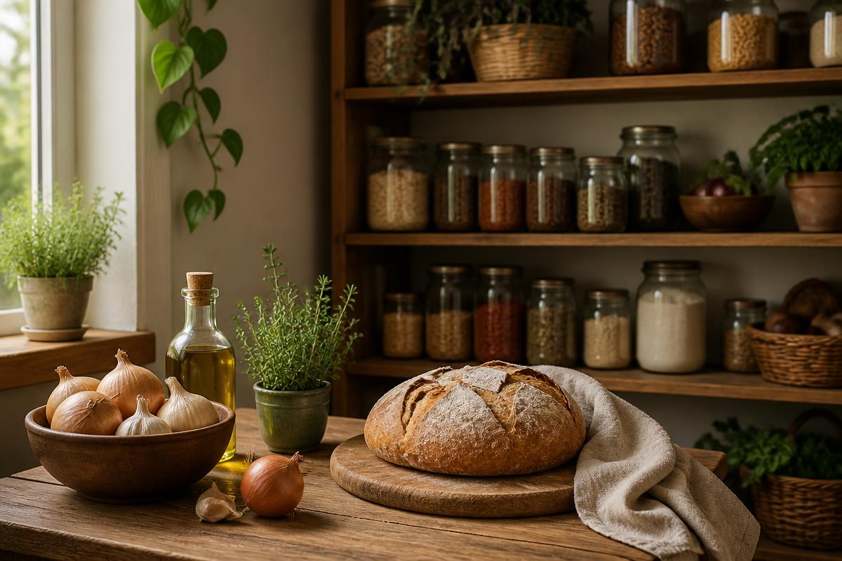 Small ceramic bowls of everyday pantry ingredients on a linen cloth